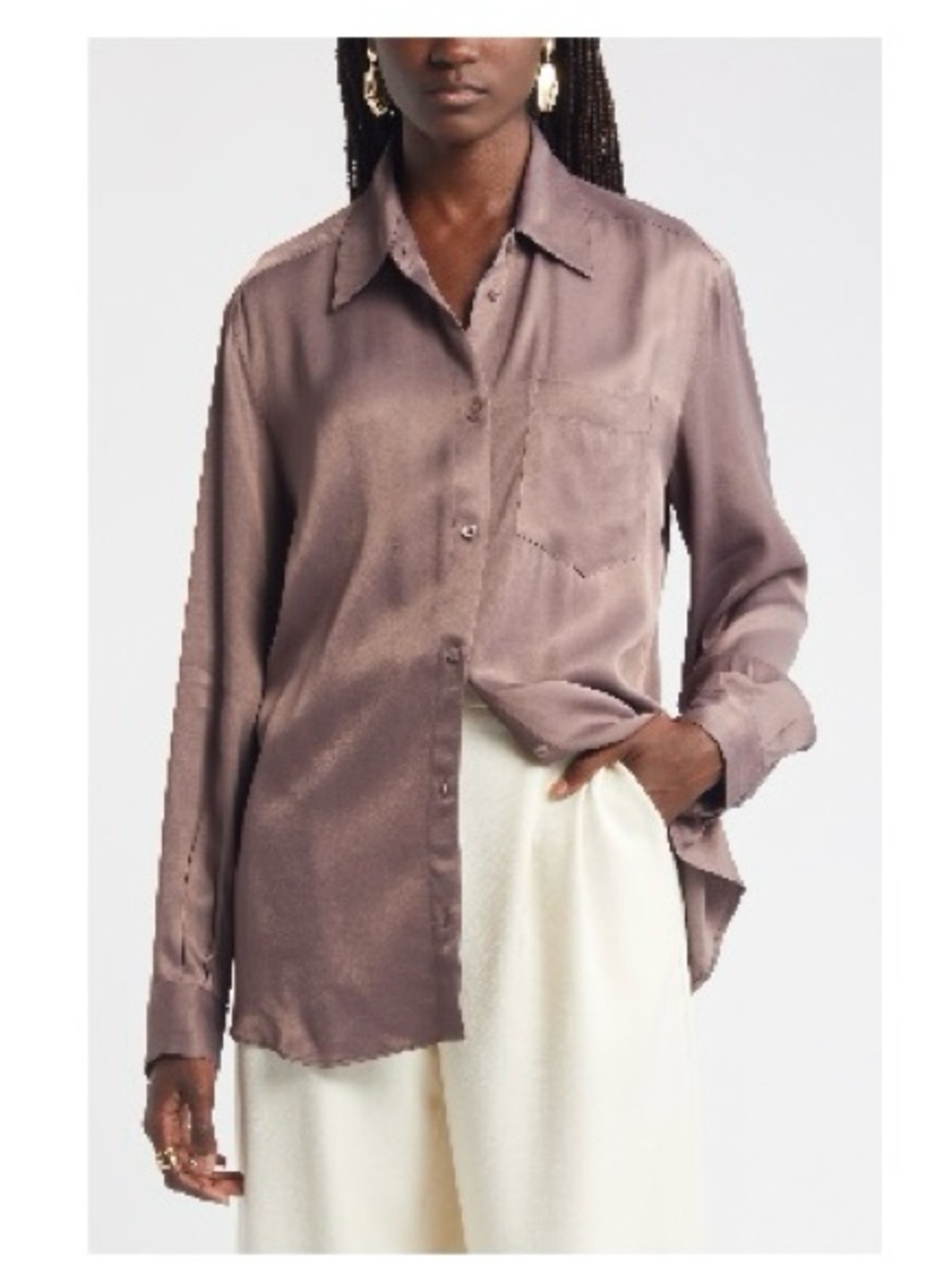 Nordstrom Gray Plum Puff long Sleeve Satin Silk-Feel Blouse